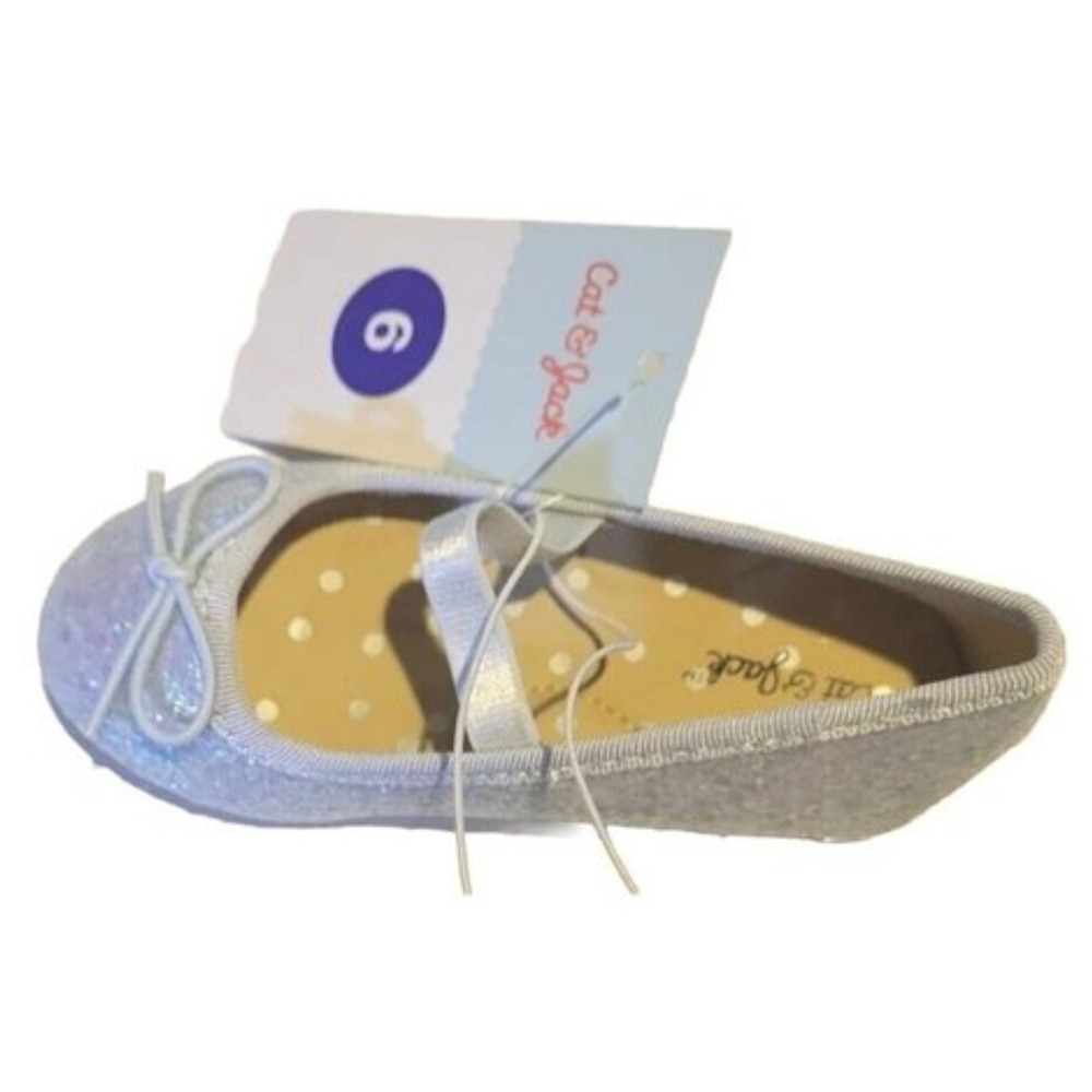Cat & Jack Toddler Girls Silver Lily Glitter Ballet Flats Bow Strap Shoes Size 6 - Picture 4 of 6